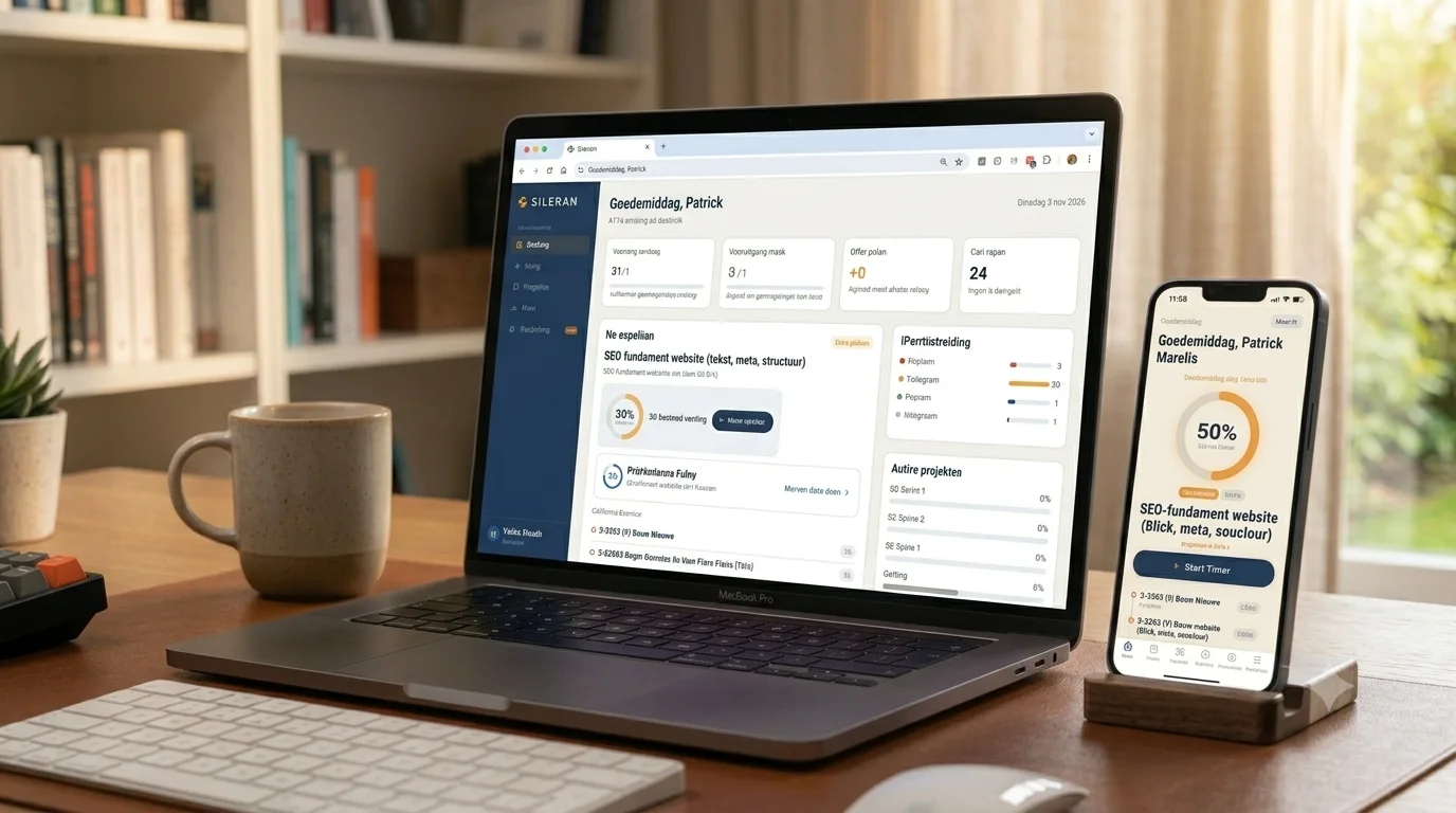 Sileram op MacBook en telefoon — dagoverzicht met prioriteiten
